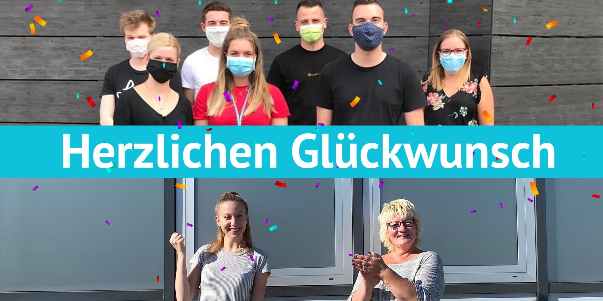 Gruppenfoto mit Glückwünschen zur abgeschlossenen Ausbildung